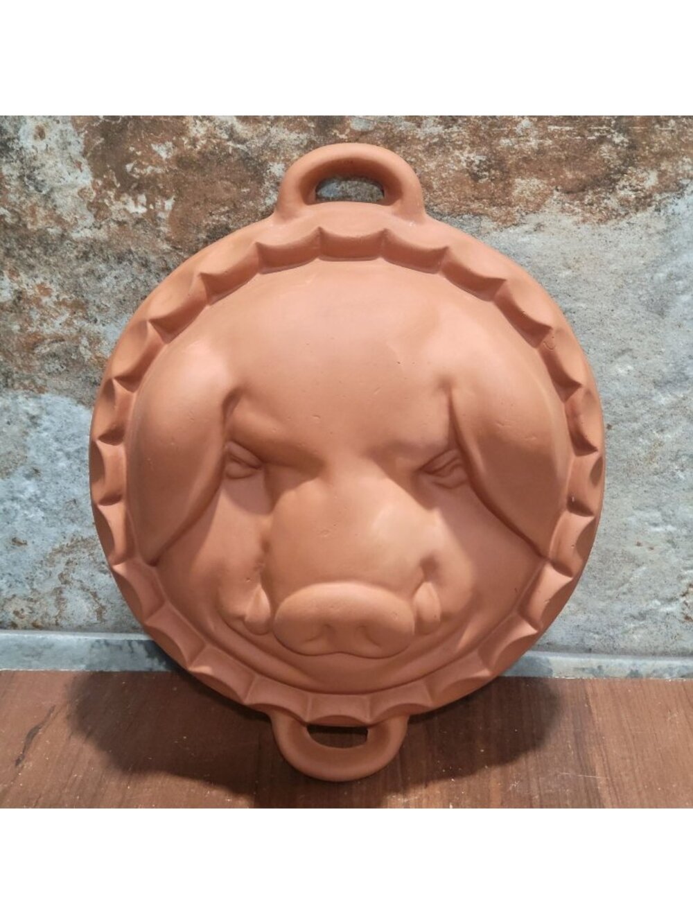 Vintage Terracotta Clay Pig Face Head Baking Pan Mold Wall Hanging Decor Handles